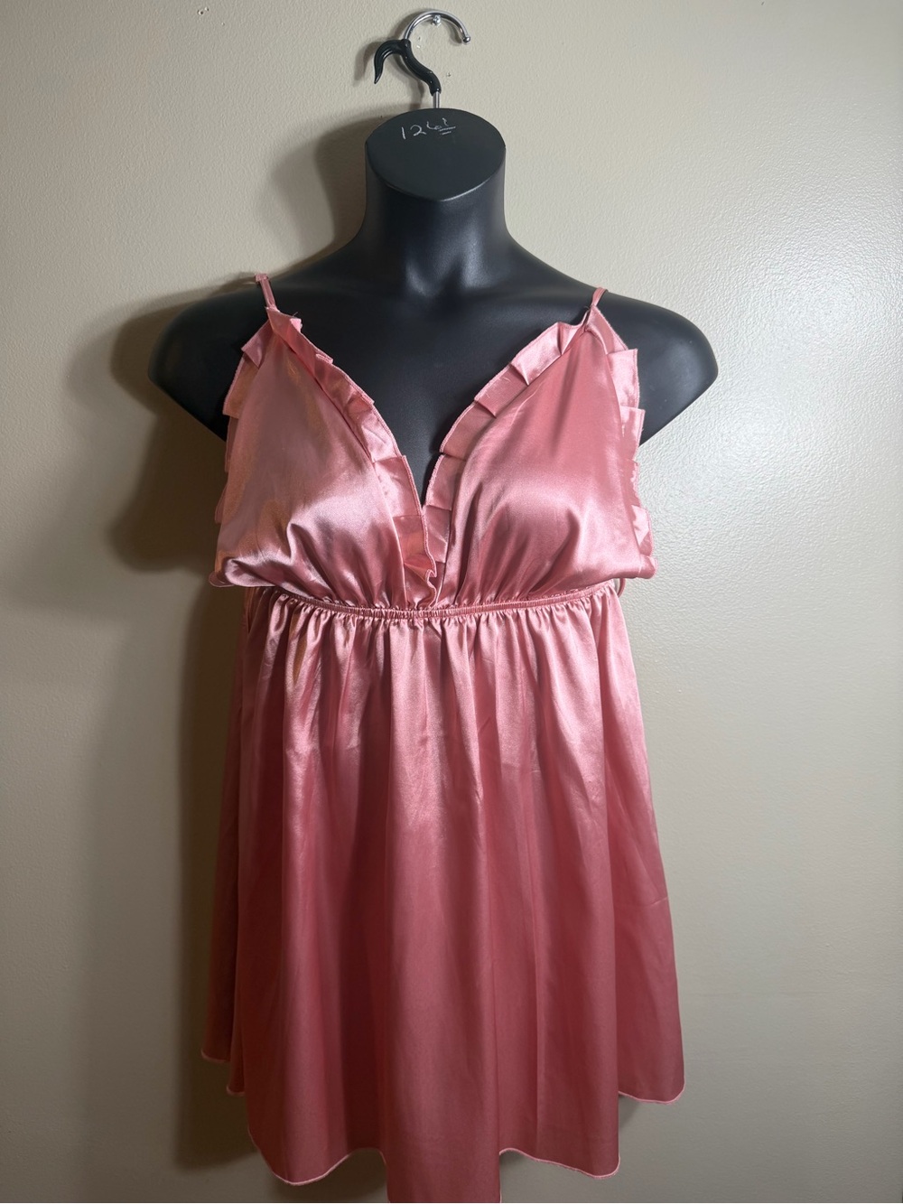 Pink Satin Babydoll Slip Dress Ruffle Trim Mini Nightgown Large Coquette